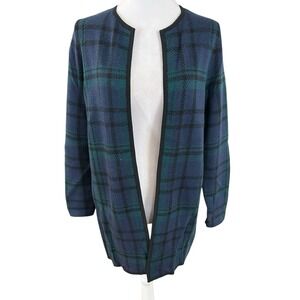 Talbots Open Front Merino Wool Plaid Knit Cardigan. Blue and Green Sz M
